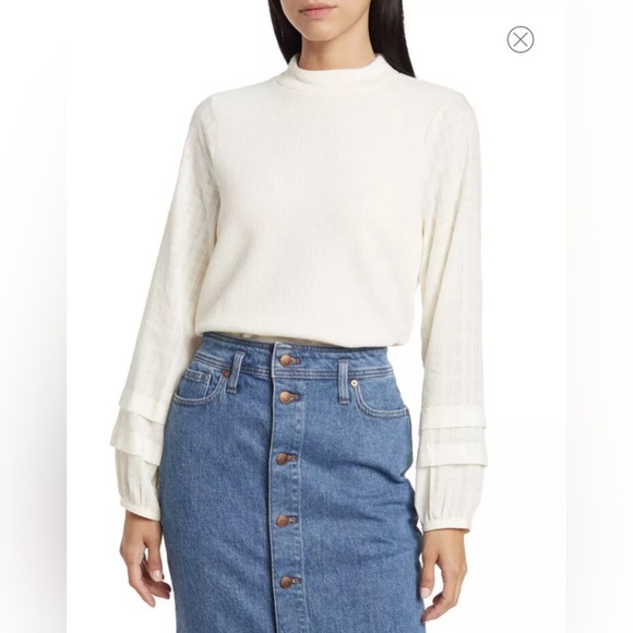 Madewell Tops - #Madewell Weave Mix Mock Neck Bubble Sleeve Top Cream Mixed Media